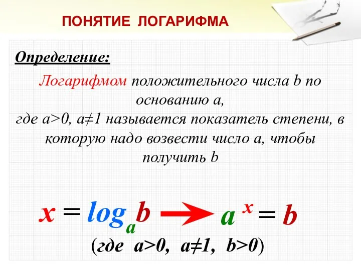 Определение: Логарифмом положительного числа b по основанию a, где а>0, а≠1 называется