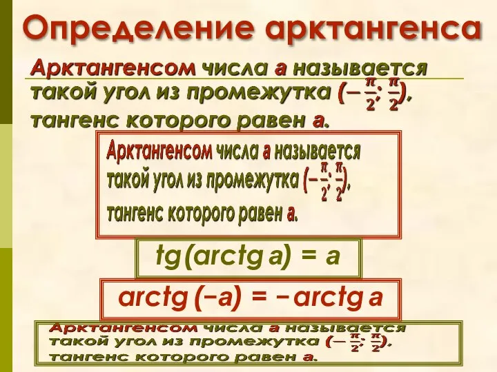 Определение арктангенса tg(arctg a) = a arctg (−a) = − arctg a