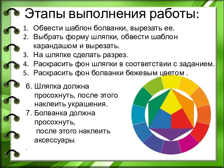 Этапы выполнения работы: Обвести шаблон болванки, вырезать ее. Выбрать форму шляпки, обвести