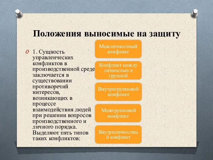 Положения выносимые на защиту Межличностный конфликт Конфликт между личностью и группой Внутригрупповой