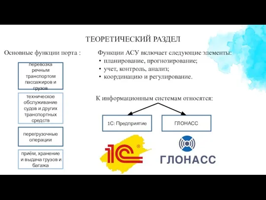 ТЕОРЕТИЧЕСКИЙ РАЗДЕЛ Основные функции порта : перевозка речным транспортом пассажиров и грузов