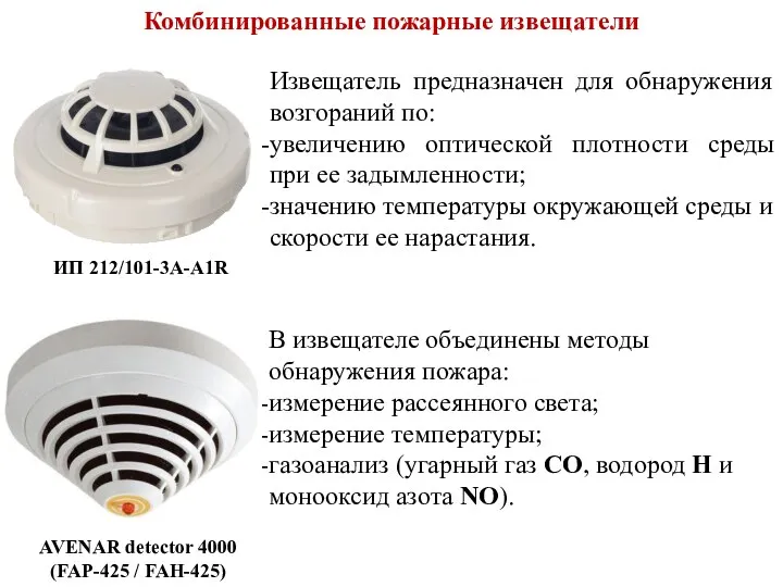 Комбинированные пожарные извещатели ИП 212/101-3А-A1R Извещатель предназначен для обнаружения возгораний по: увеличению