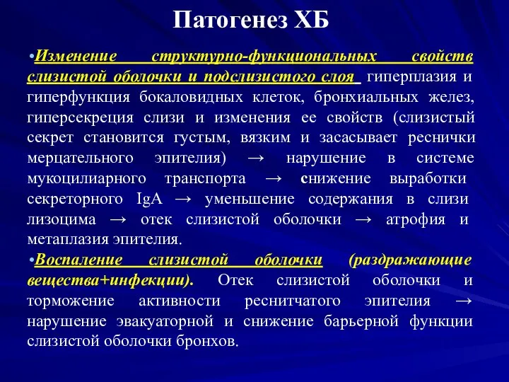 Патогенез ХБ Изменение структурно-функциональных свойств слизистой оболочки и подслизистого слоя гиперплазия и