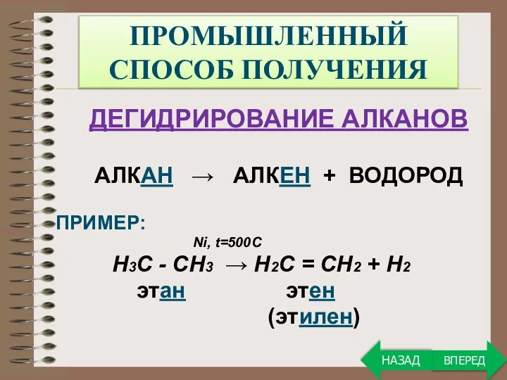 ПРОМЫШЛЕННЫЙ СПОСОБ ПОЛУЧЕНИЯ ДЕГИДРИРОВАНИЕ АЛКАНОВ АЛКАН → АЛКЕН + ВОДОРОД ПРИМЕР: Ni,