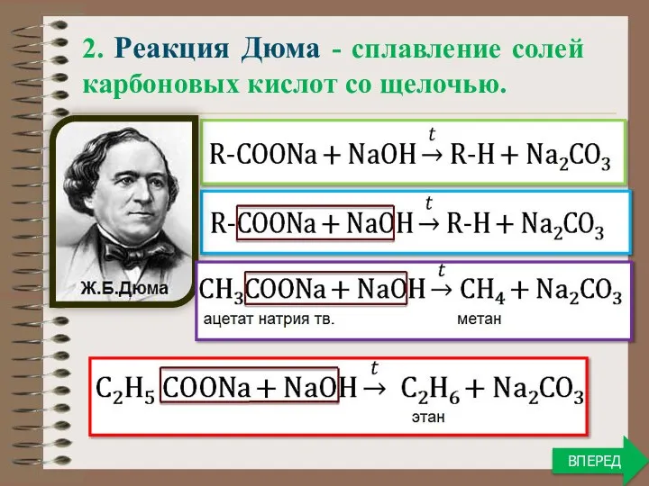 ВПЕРЕД 2. Реакция Дюма - сплавление солей карбоновых кислот со щелочью.