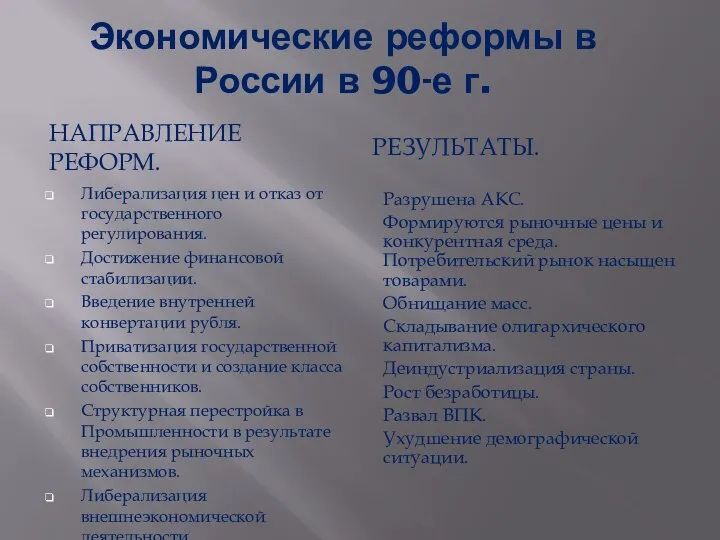 Экономические реформы в России в 90-е г. НАПРАВЛЕНИЕ РЕФОРМ. РЕЗУЛЬТАТЫ. Либерализация цен