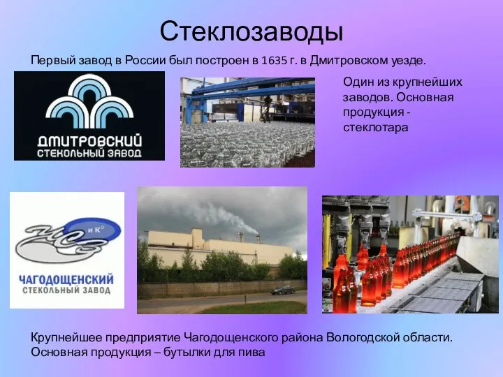 Стеклозаводы Первый завод в России был построен в 1635 г. в Дмитровском