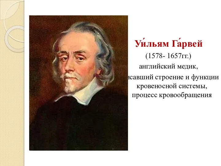 Уи́льям Га́рвей (1578- 1657гг.) английский медик, описавший строение и функции кровеносной системы, процесс кровообращения