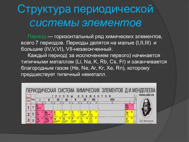 Период — горизонтальный ряд химических элементов, всего 7 периодов. Периоды делятся на