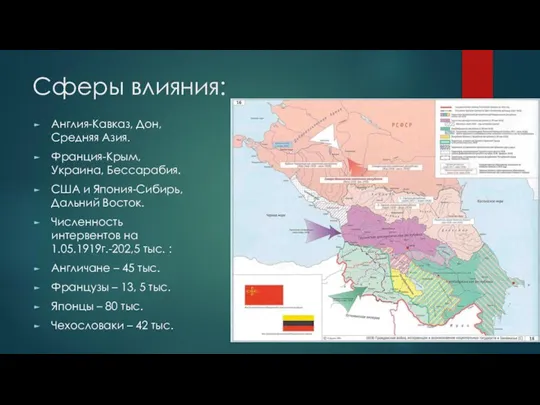 Сферы влияния: Англия-Кавказ, Дон, Средняя Азия. Франция-Крым, Украина, Бессарабия. США и Япония-Сибирь,