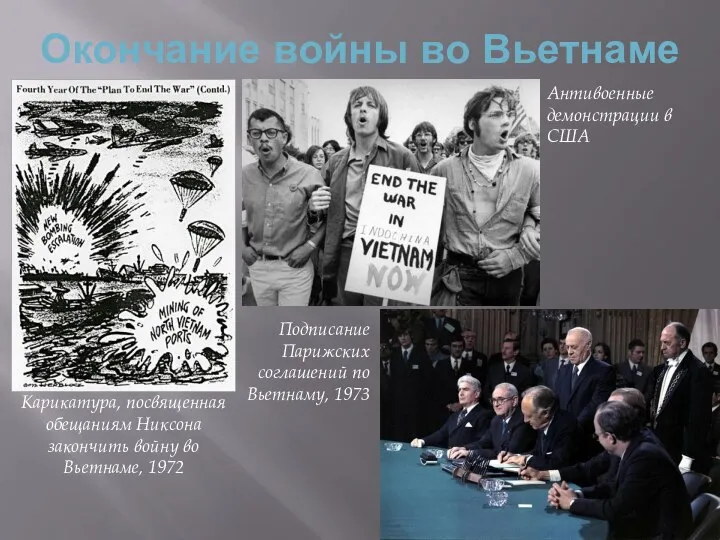 Окончание войны во Вьетнаме Антивоенные демонстрации в США Карикатура, посвященная обещаниям Никсона