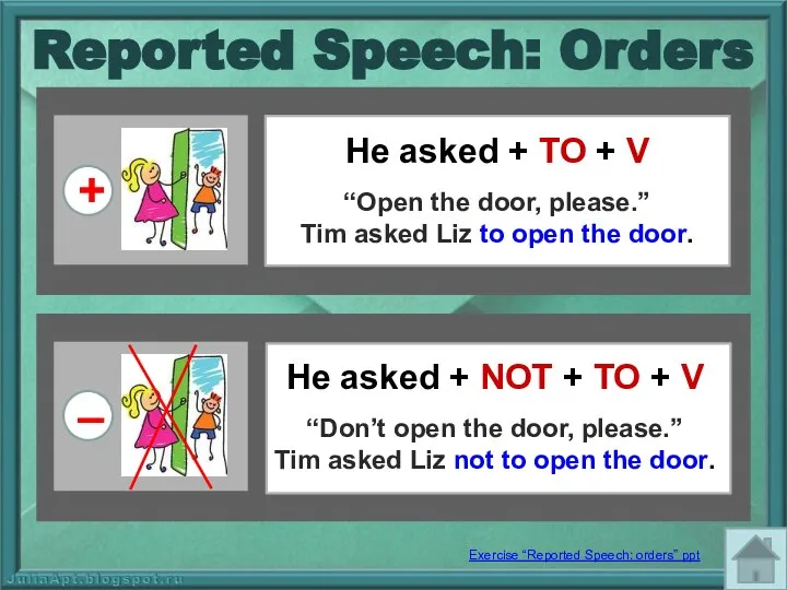 He asked + TO + V “Open the door, please.” Tim asked