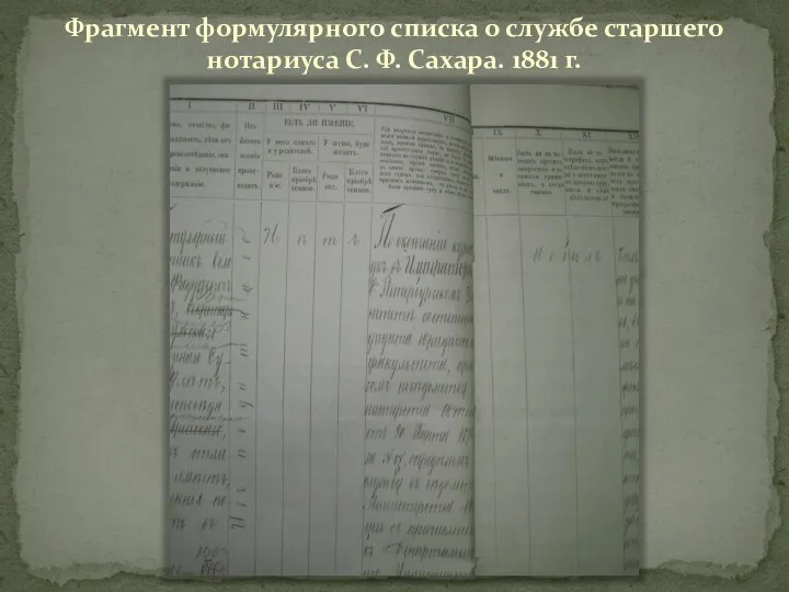 Фрагмент формулярного списка о службе старшего нотариуса С. Ф. Сахара. 1881 г.