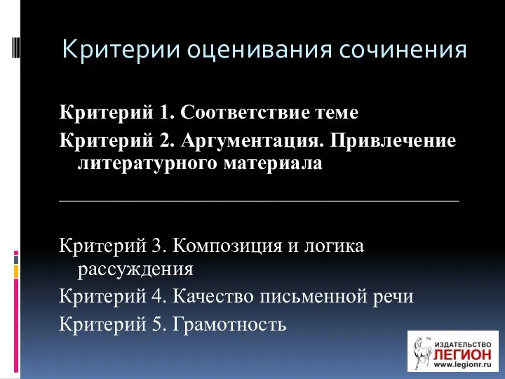 Критерии оценивания сочинения Критерий 1. Соответствие теме Критерий 2. Аргументация. Привлечение литературного