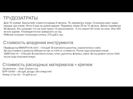 ТРУДОЗАТРАТЫ Дом 16 этажей. Кронштейн ставится каждые 6 метров. По периметру этажа.