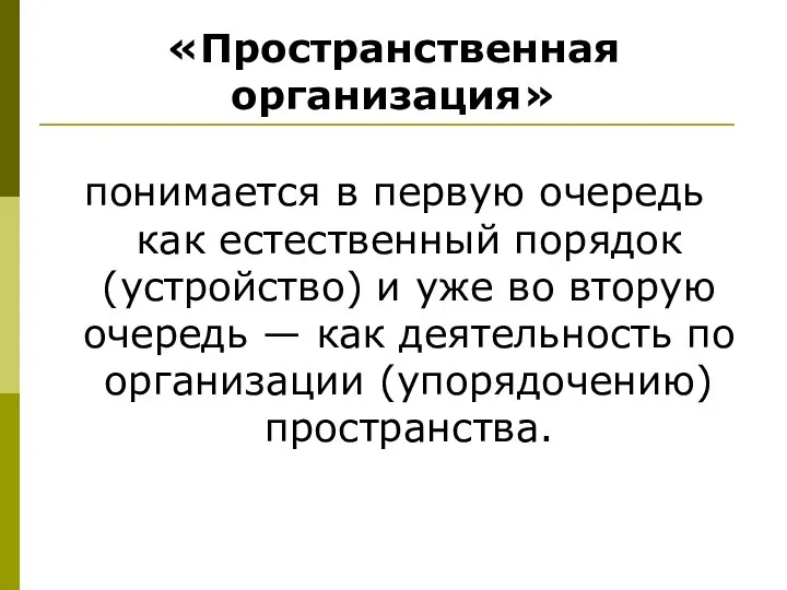 «Пространственная организация» понимается в первую очередь как естественный порядок (устройство) и уже