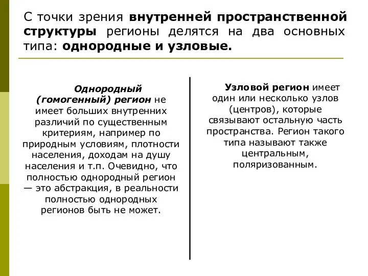 С точки зрения внутренней пространственной структуры регионы делятся на два основных типа: