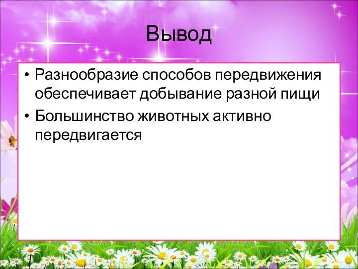 Вывод Разнообразие способов передвижения обеспечивает добывание разной пищи Большинство животных активно передвигается