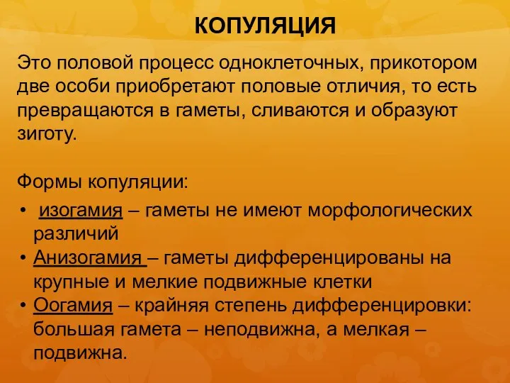 КОПУЛЯЦИЯ Это половой процесс одноклеточных, прикотором две особи приобретают половые отличия, то