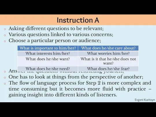 Instruction A Asking different questions to be relevant; Various questions linked to