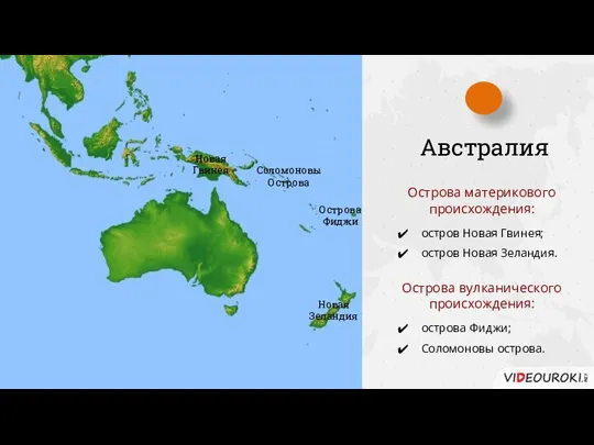 Австралия Острова материкового происхождения: остров Новая Гвинея; остров Новая Зеландия. Острова вулканического