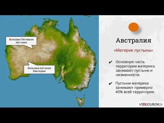 Австралия «Материк пустынь» Основную часть территории материка занимают пустыни и низменности. Большая