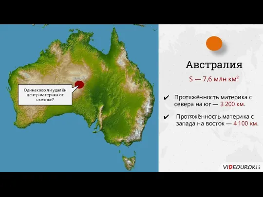 Австралия S — 7,6 млн км2 Протяжённость материка с севера на юг