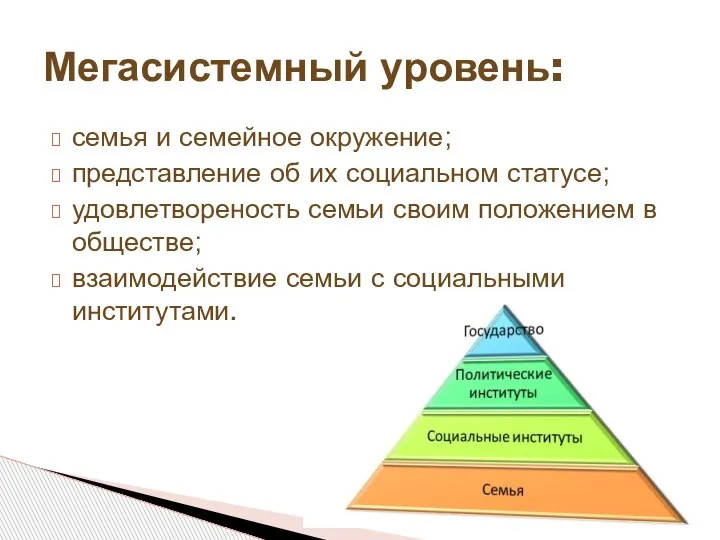 семья и семейное окружение; представление об их социальном статусе; удовлетвореность семьи своим