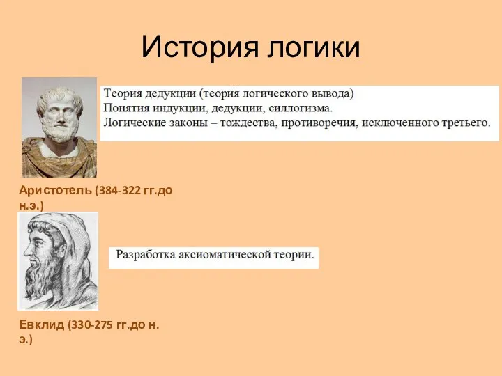 История логики Аристотель (384-322 гг.до н.э.) Евклид (330-275 гг.до н.э.)