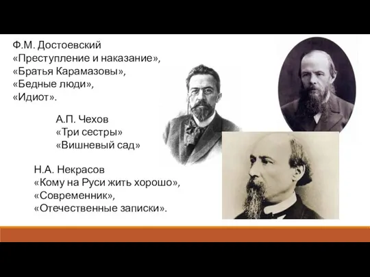 Ф.М. Достоевский «Преступление и наказание», «Братья Карамазовы», «Бедные люди», «Идиот». А.П. Чехов