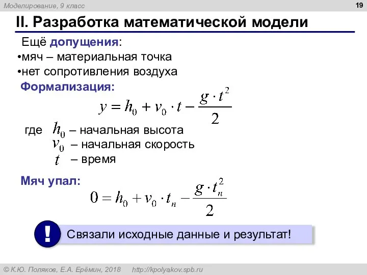 II. Разработка математической модели Формализация: Мяч упал: Ещё допущения: мяч – материальная точка нет сопротивления воздуха