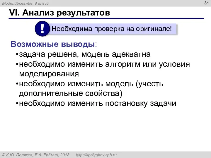 VI. Анализ результатов Возможные выводы: задача решена, модель адекватна необходимо изменить алгоритм