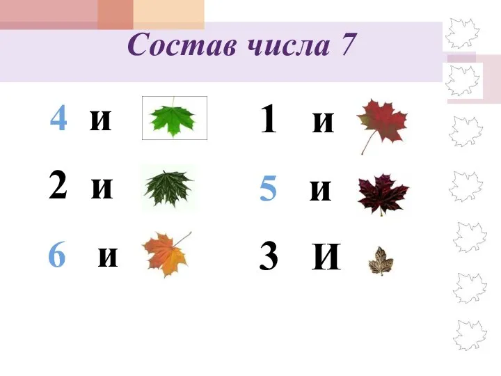 Состав числа 7 и 3 2 и 5 и 1 1 и