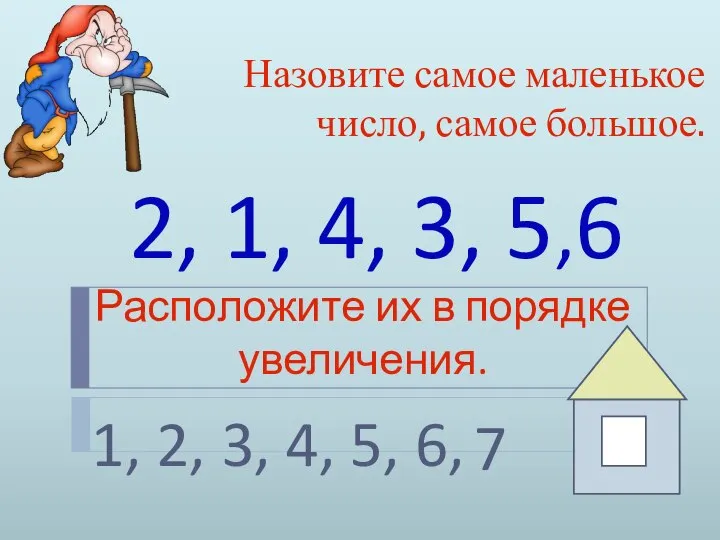 Назовите самое маленькое число, самое большое. 2, 1, 4, 3, 5,6 Расположите