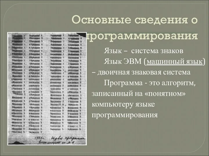 Основные сведения о языках программирования Язык – система знаков Язык ЭВМ (машинный