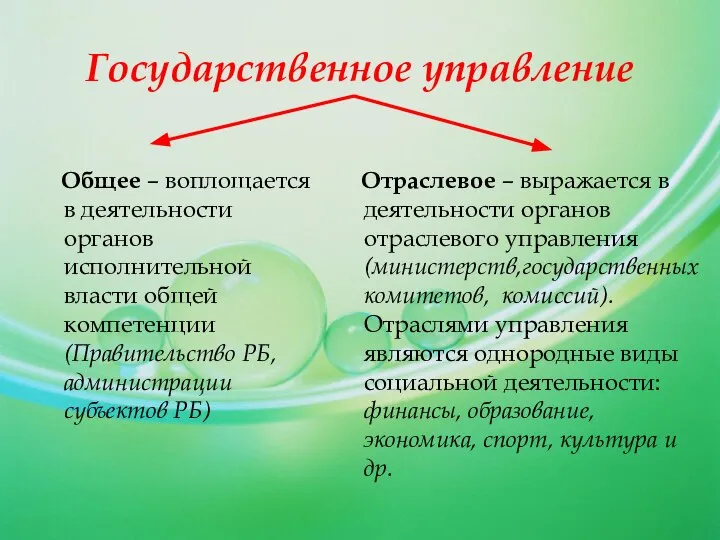 Государственное управление Общее – воплощается в деятельности органов исполнительной власти общей компетенции