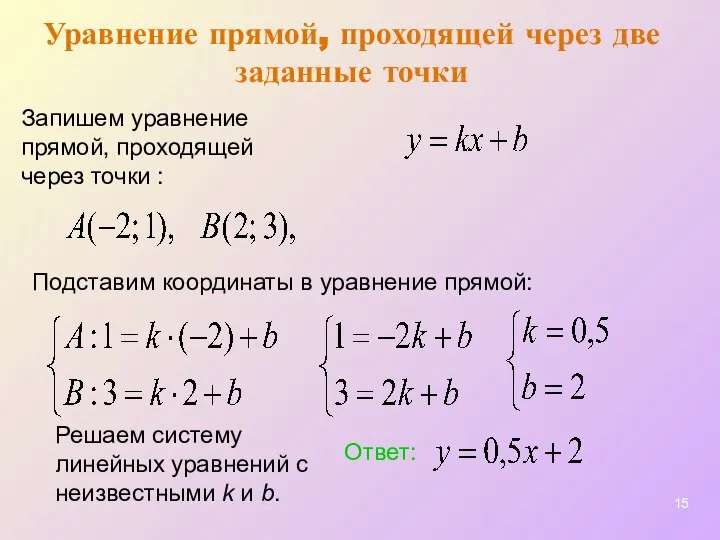 Уравнение прямой, проходящей через две заданные точки Подставим координаты в уравнение прямой: