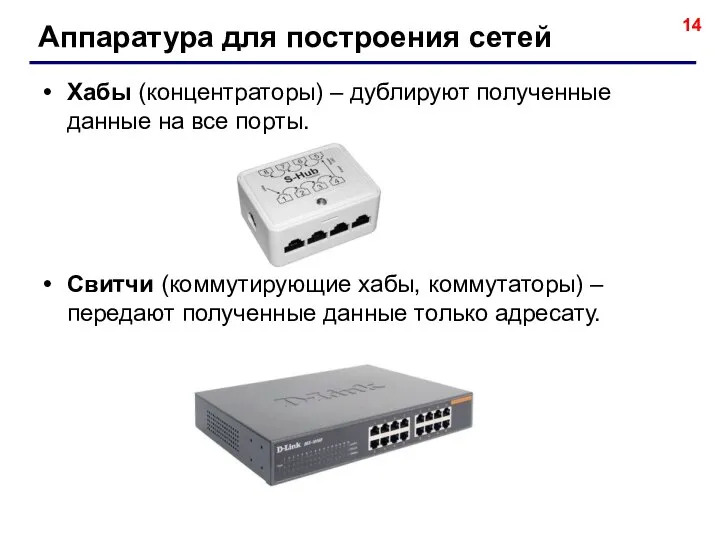 Аппаратура для построения сетей Хабы (концентраторы) – дублируют полученные данные на все