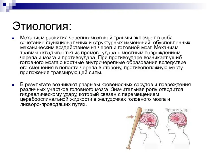 Этиология: Механизм развития черепно-мозговой травмы включает в себя сочетание функциональных и структурных