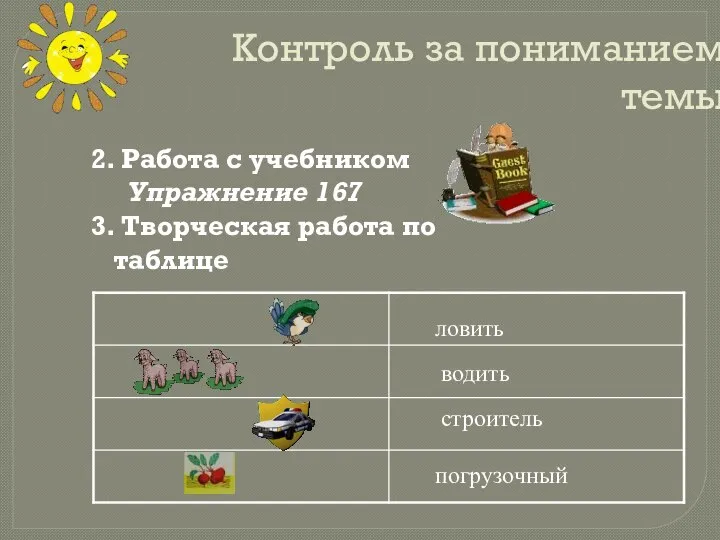 Контроль за пониманием темы 2. Работа с учебником Упражнение 167 3. Творческая