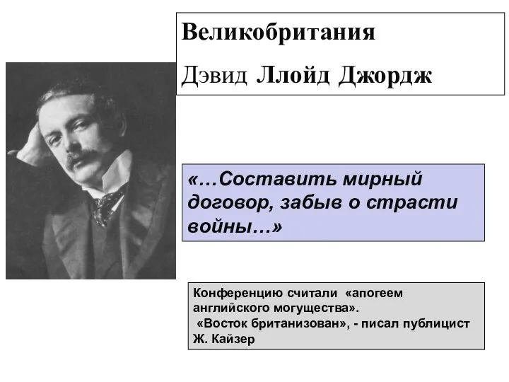 Великобритания Дэвид Ллойд Джордж «…Составить мирный договор, забыв о страсти войны…» Конференцию