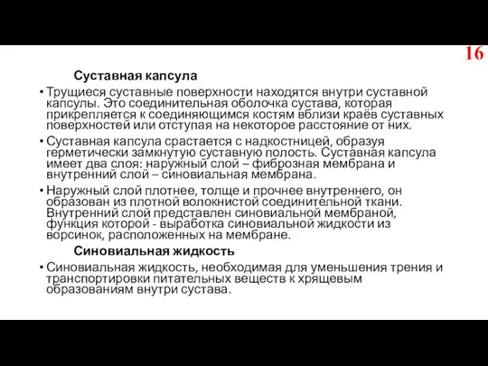 Суставная капсула Трущиеся суставные поверхности находятся внутри суставной капсулы. Это соединительная оболочка