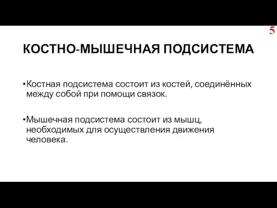 КОСТНО-МЫШЕЧНАЯ ПОДСИСТЕМА Костная подсистема состоит из костей, соединённых между собой при помощи