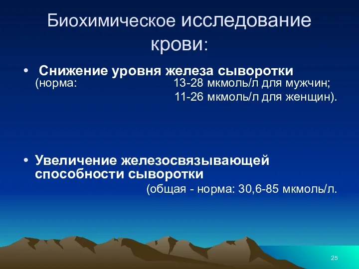 Биохимическое исследование крови: Снижение уровня железа сыворотки (норма: 13-28 мкмоль/л для мужчин;