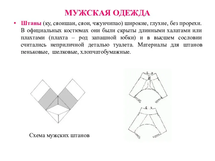 МУЖСКАЯ ОДЕЖДА Штаны (ку, сяоишан, сяои, чжунчипао) широкие, глухие, без прорехи. В