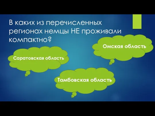 В каких из перечисленных регионах немцы НЕ проживали компактно? Саратовская область Омская область Тамбовская область