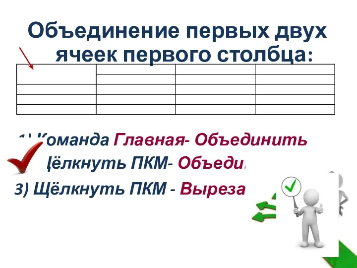 Объединение первых двух ячеек первого столбца: 1) Команда Главная- Объединить 3) Щёлкнуть