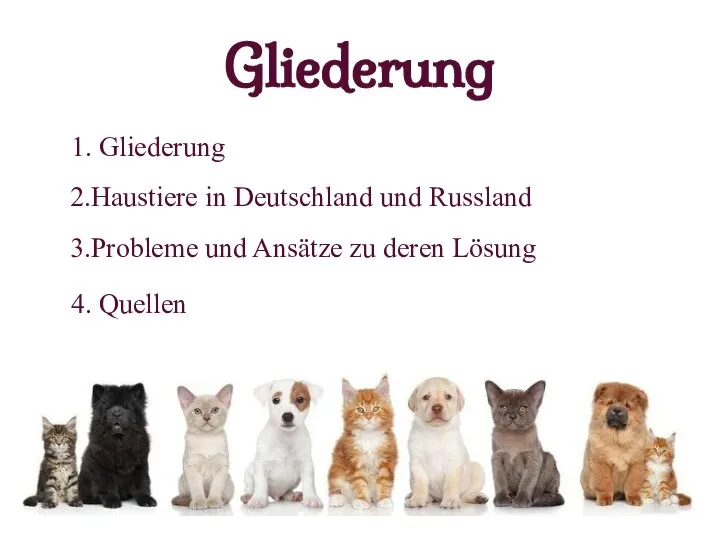 Gliederung 1. Gliederung 2.Haustiere in Deutschland und Russland 3.Probleme und Ansätze zu deren Lösung 4. Quellen