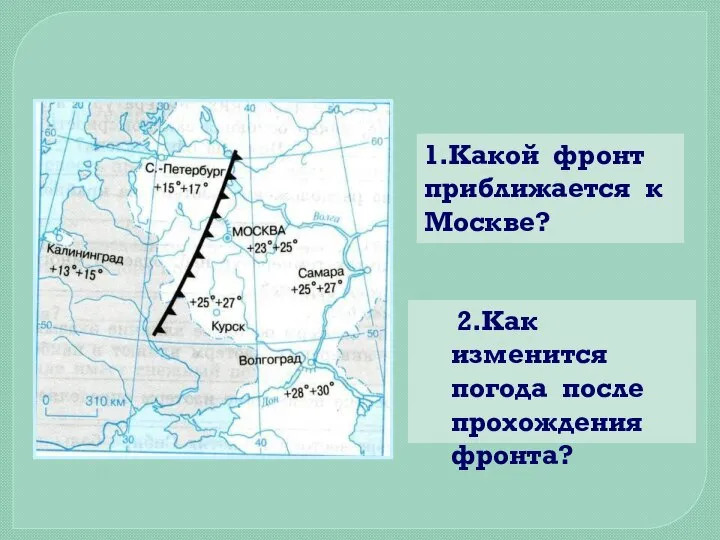 1.Какой фронт приближается к Москве? 2.Как изменится погода после прохождения фронта?