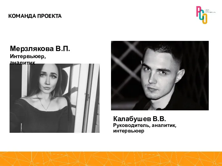 Мерзлякова В.П. Интервьюер, аналитик Калабушев В.В. Руководитель, аналитик,интервьюер